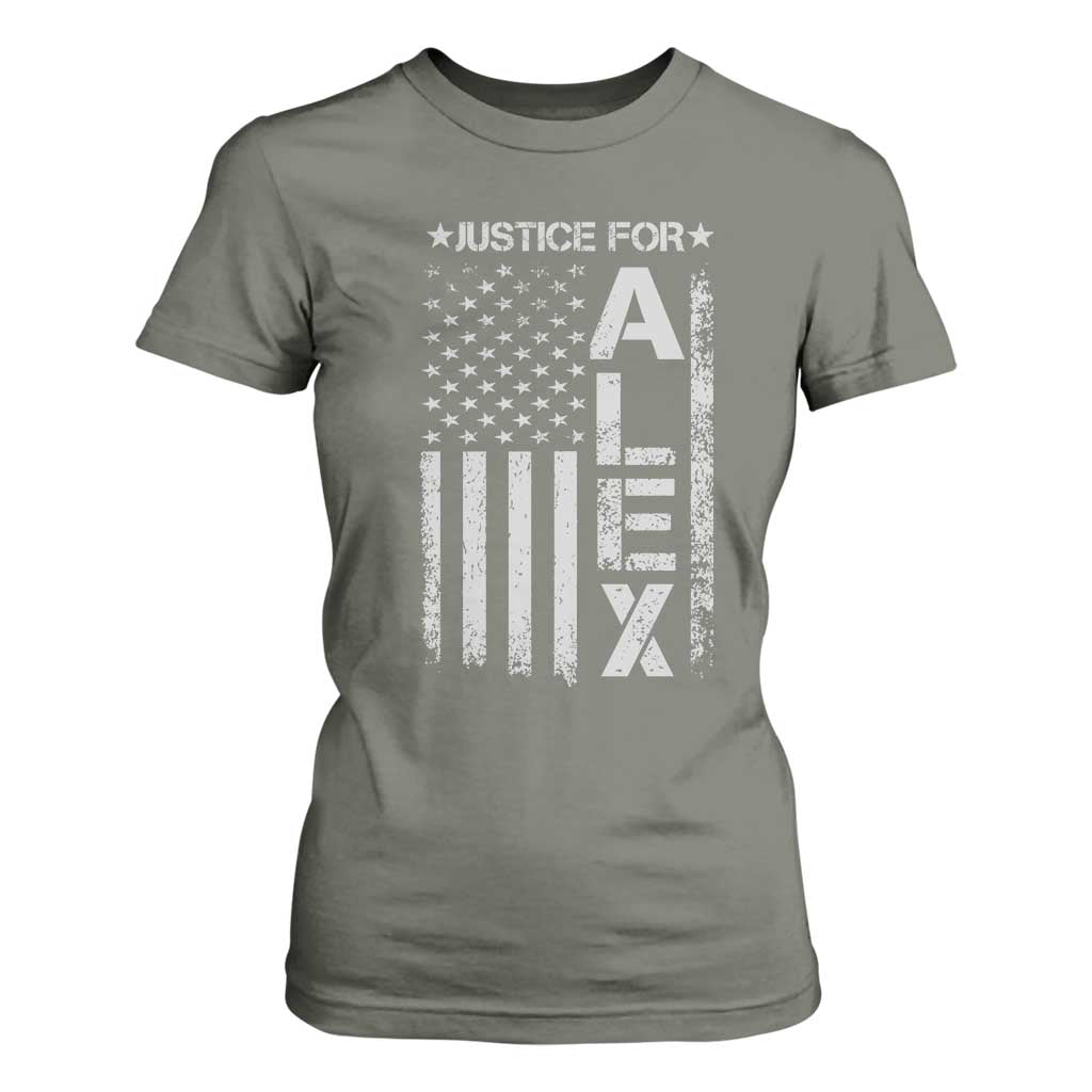 Justice for Alex Pretti American Flag T Shirt For Women Minneapolis Jan 24 2026 Memorial Tribute TS02 Military Green Print Your Wear