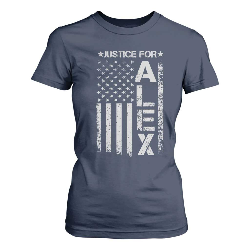 Justice for Alex Pretti American Flag T Shirt For Women Minneapolis Jan 24 2026 Memorial Tribute TS02 Navy Print Your Wear