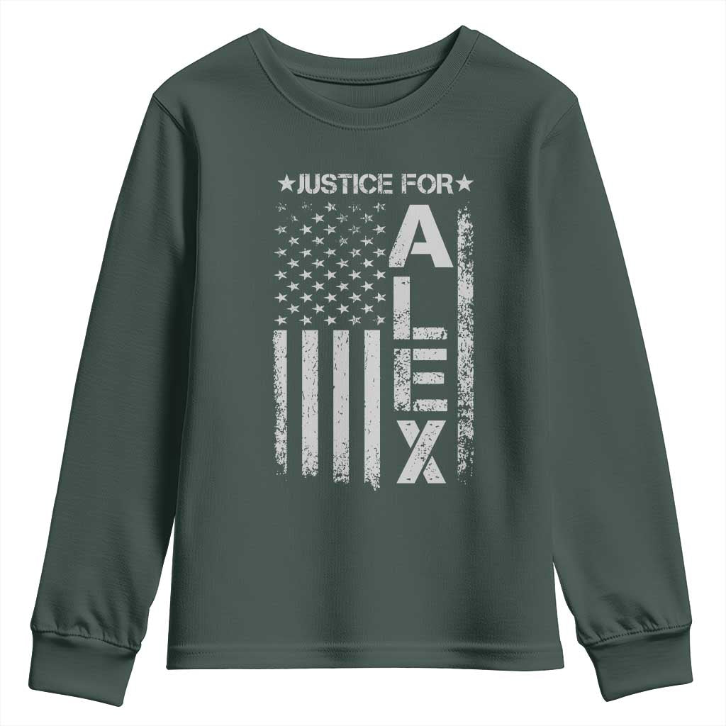 Justice for Alex Pretti American Flag Youth Sweatshirt Minneapolis Jan 24 2026 Memorial Tribute TS02 Dark Forest Green Print Your Wear