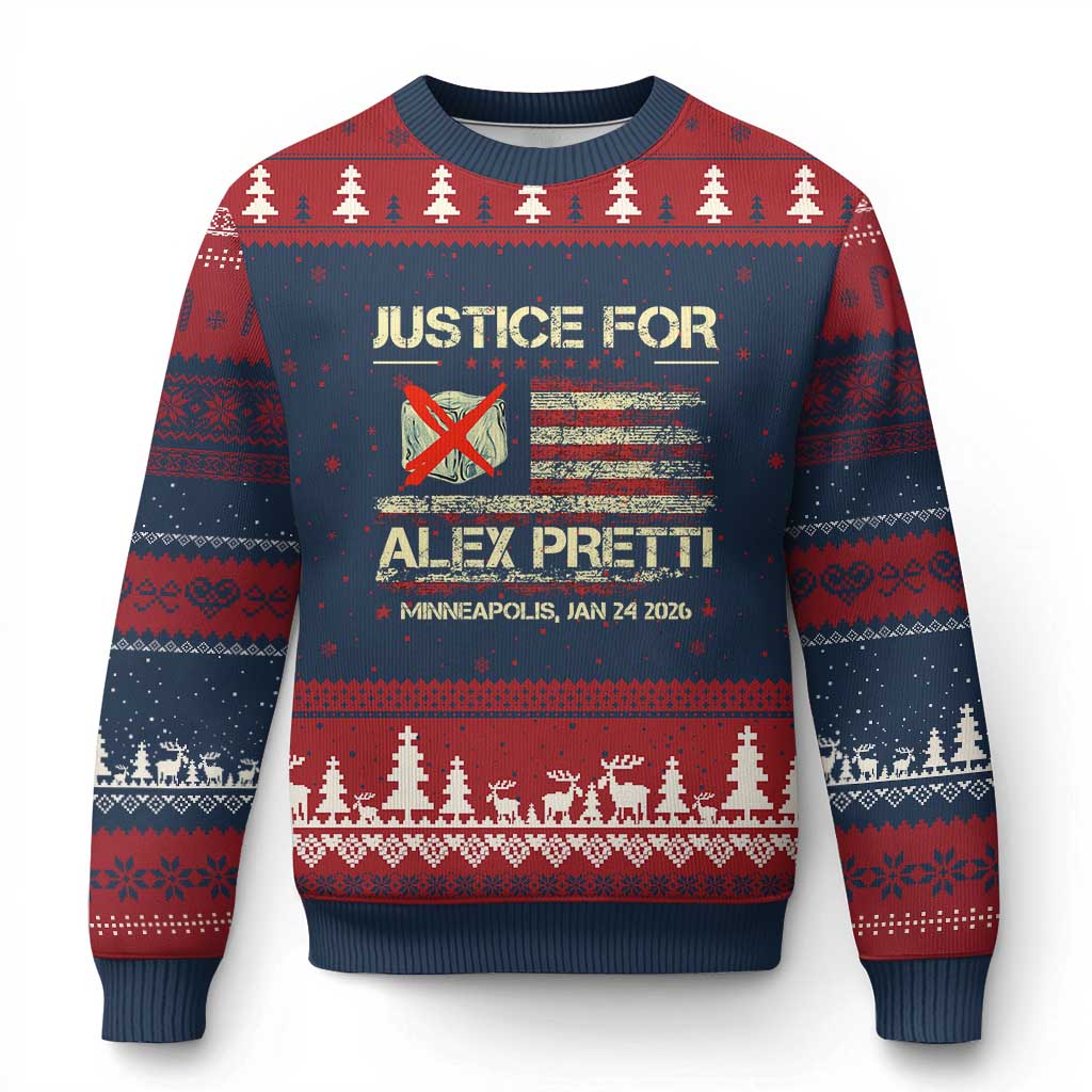 Justice for Alex Pretti Abolish Ice Protest Ugly Christmas Sweater Minneapolis Jan 24 2026 American Flag TS02 Navy Red Print Your Wear