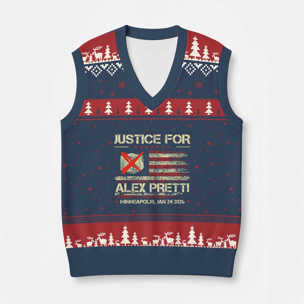 Justice for Alex Pretti Abolish Ice Protest V-Neck Knit Sweater Vest Minneapolis Jan 24 2026 American Flag TS02 Navy Red Print Your Wear