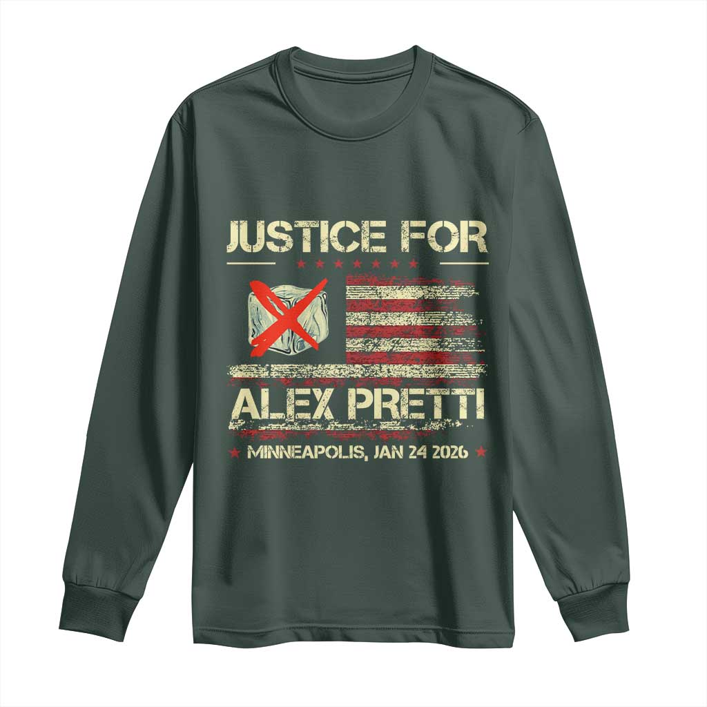 Justice for Alex Pretti Abolish Ice Protest Long Sleeve Shirt Minneapolis Jan 24 2026 American Flag TS02 Dark Forest Green Print Your Wear