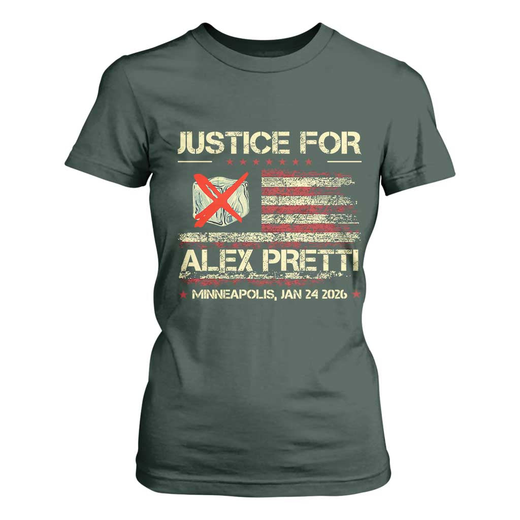 Justice for Alex Pretti Abolish Ice Protest T Shirt For Women Minneapolis Jan 24 2026 American Flag TS02 Dark Forest Green Print Your Wear