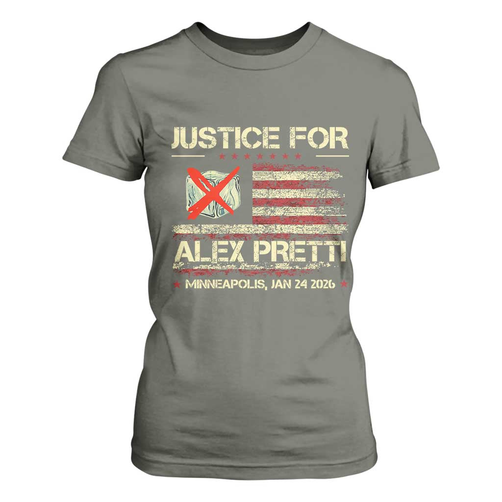 Justice for Alex Pretti Abolish Ice Protest T Shirt For Women Minneapolis Jan 24 2026 American Flag TS02 Military Green Print Your Wear
