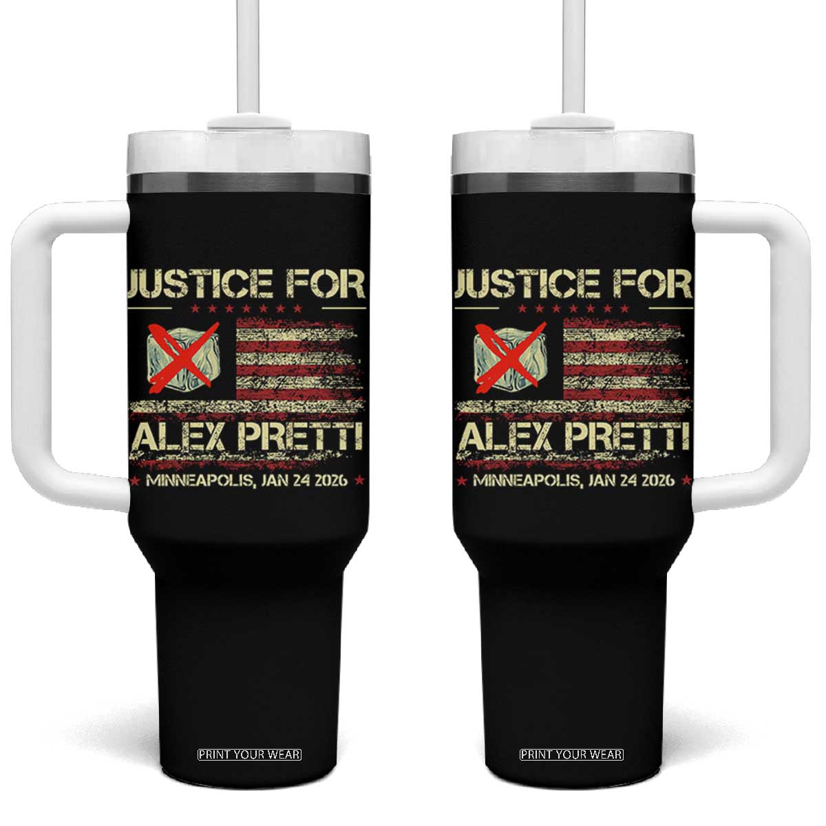 Justice for Alex Pretti Abolish Ice Protest Tumbler With Handle Minneapolis Jan 24 2026 American Flag TS02 One Size: 40 oz Black Print Your Wear