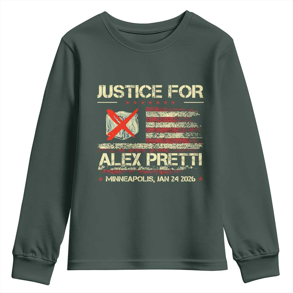 Justice for Alex Pretti Abolish Ice Protest Youth Sweatshirt Minneapolis Jan 24 2026 American Flag TS02 Dark Forest Green Print Your Wear