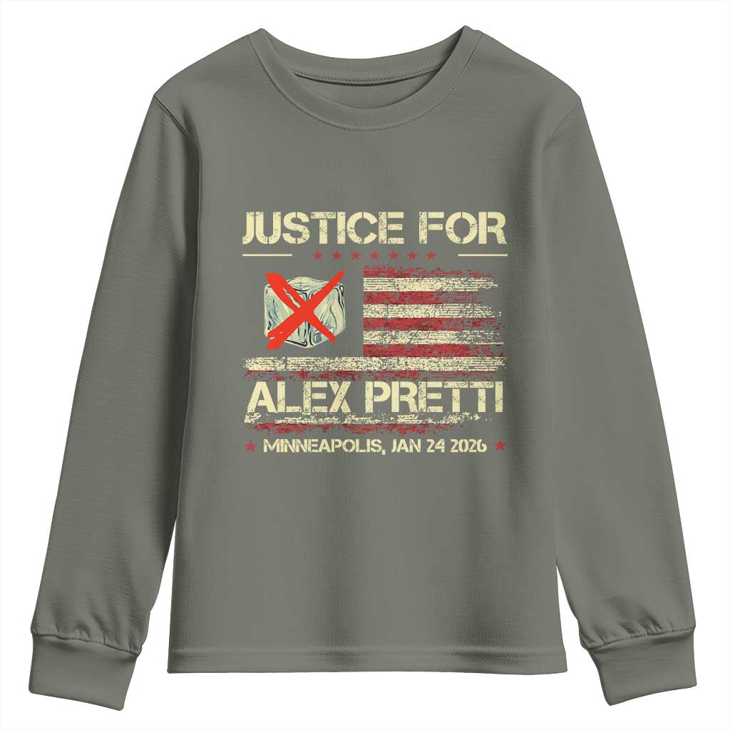 Justice for Alex Pretti Abolish Ice Protest Youth Sweatshirt Minneapolis Jan 24 2026 American Flag TS02 Military Green Print Your Wear