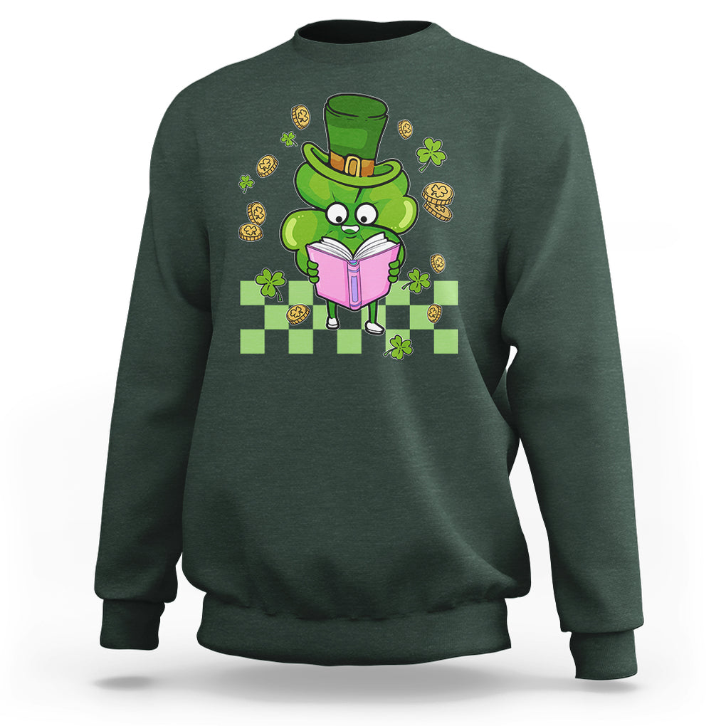 Shamrock Reading Sweatshirt St. Patrick's Day Books Lover Reader Nerd TS02 Dark Forest Green Printyourwear