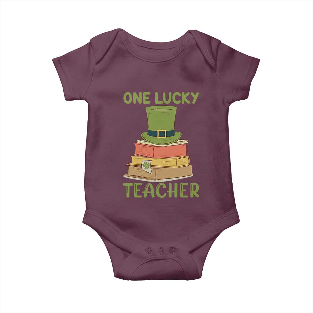 One Lucky Teacher St Patricks Day Baby Onesie Lepreachaun Hat with Books Reading TS02 Maroon Print Your Wear