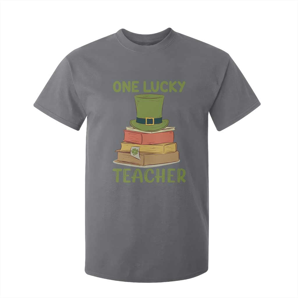 One Lucky Teacher St Patricks Day T Shirt For Kid Lepreachaun Hat with Books Reading TS02 Charcoal Print Your Wear
