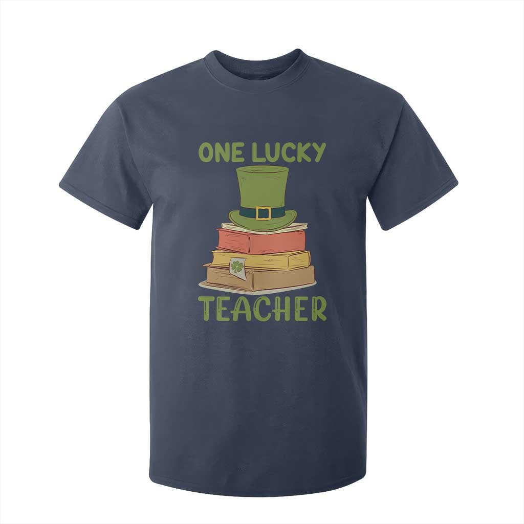 One Lucky Teacher St Patricks Day T Shirt For Kid Lepreachaun Hat with Books Reading TS02 Navy Print Your Wear