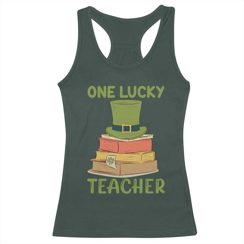 One Lucky Teacher St Patricks Day Racerback Tank Top Lepreachaun Hat with Books Reading TS02 Dark Forest Green Print Your Wear