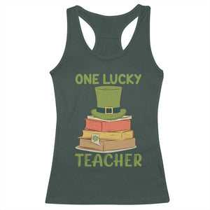 One Lucky Teacher St Patricks Day Racerback Tank Top Lepreachaun Hat with Books Reading TS02 Dark Forest Green Print Your Wear