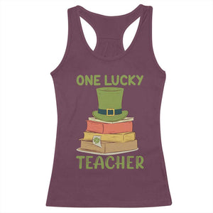 One Lucky Teacher St Patricks Day Racerback Tank Top Lepreachaun Hat with Books Reading TS02 Maroon Print Your Wear