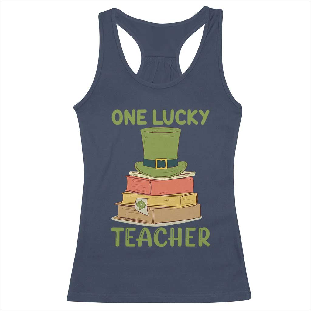 One Lucky Teacher St Patricks Day Racerback Tank Top Lepreachaun Hat with Books Reading TS02 Navy Print Your Wear