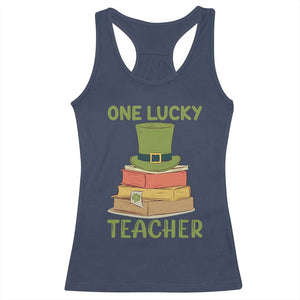 One Lucky Teacher St Patricks Day Racerback Tank Top Lepreachaun Hat with Books Reading TS02 Navy Print Your Wear