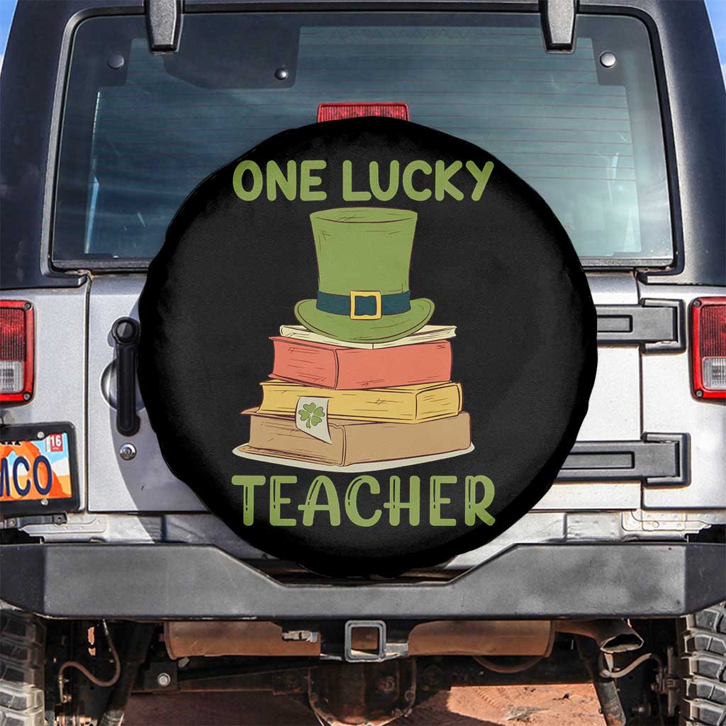 One Lucky Teacher St Patricks Day Spare Tire Cover Lepreachaun Hat with Books Reading TS02 No hole Black Print Your Wear