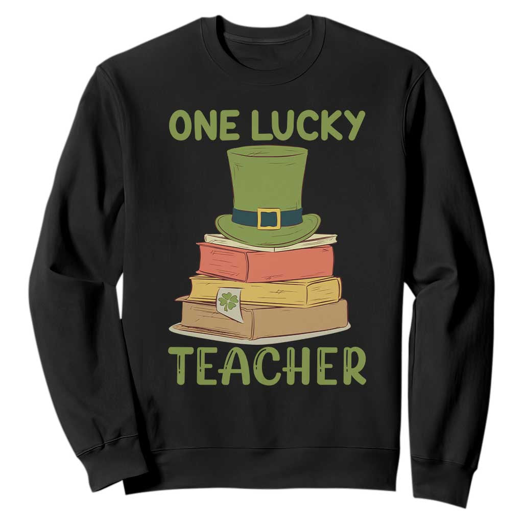 One Lucky Teacher St Patricks Day Sweatshirt Lepreachaun Hat with Books Reading TS02 Black Printyourwear