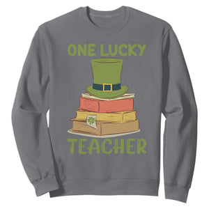 One Lucky Teacher St Patricks Day Sweatshirt Lepreachaun Hat with Books Reading TS02 Charcoal Printyourwear