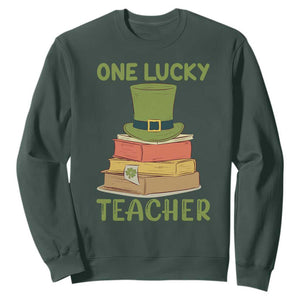One Lucky Teacher St Patricks Day Sweatshirt Lepreachaun Hat with Books Reading TS02 Dark Forest Green Printyourwear