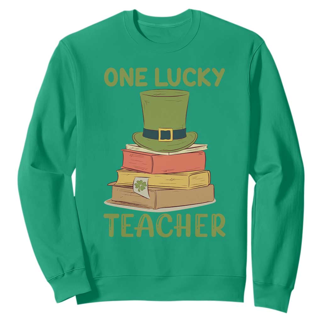 One Lucky Teacher St Patricks Day Sweatshirt Lepreachaun Hat with Books Reading TS02 Irish Green Printyourwear