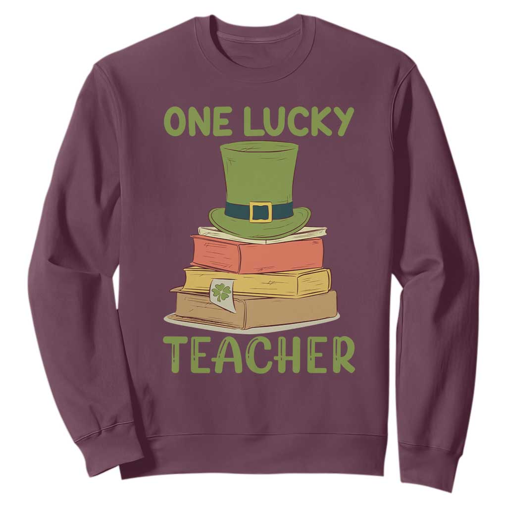 One Lucky Teacher St Patricks Day Sweatshirt Lepreachaun Hat with Books Reading TS02 Maroon Printyourwear