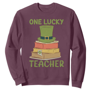 One Lucky Teacher St Patricks Day Sweatshirt Lepreachaun Hat with Books Reading TS02 Maroon Printyourwear