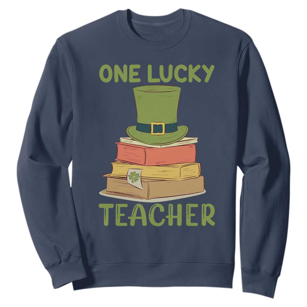 One Lucky Teacher St Patricks Day Sweatshirt Lepreachaun Hat with Books Reading TS02 Navy Printyourwear
