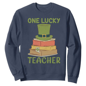 One Lucky Teacher St Patricks Day Sweatshirt Lepreachaun Hat with Books Reading TS02 Navy Printyourwear
