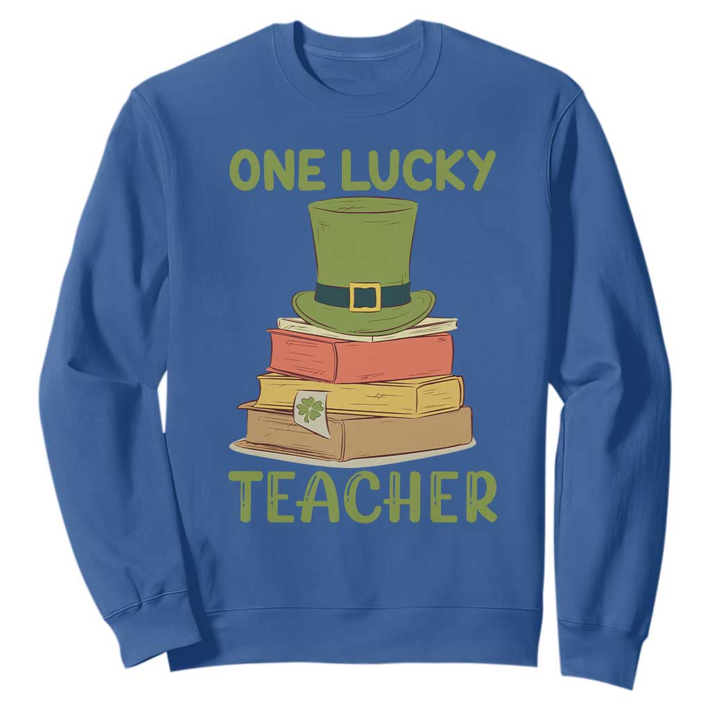 One Lucky Teacher St Patricks Day Sweatshirt Lepreachaun Hat with Books Reading TS02 Royal Blue Printyourwear