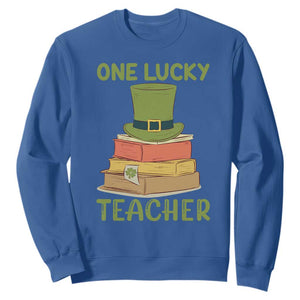 One Lucky Teacher St Patricks Day Sweatshirt Lepreachaun Hat with Books Reading TS02 Royal Blue Printyourwear