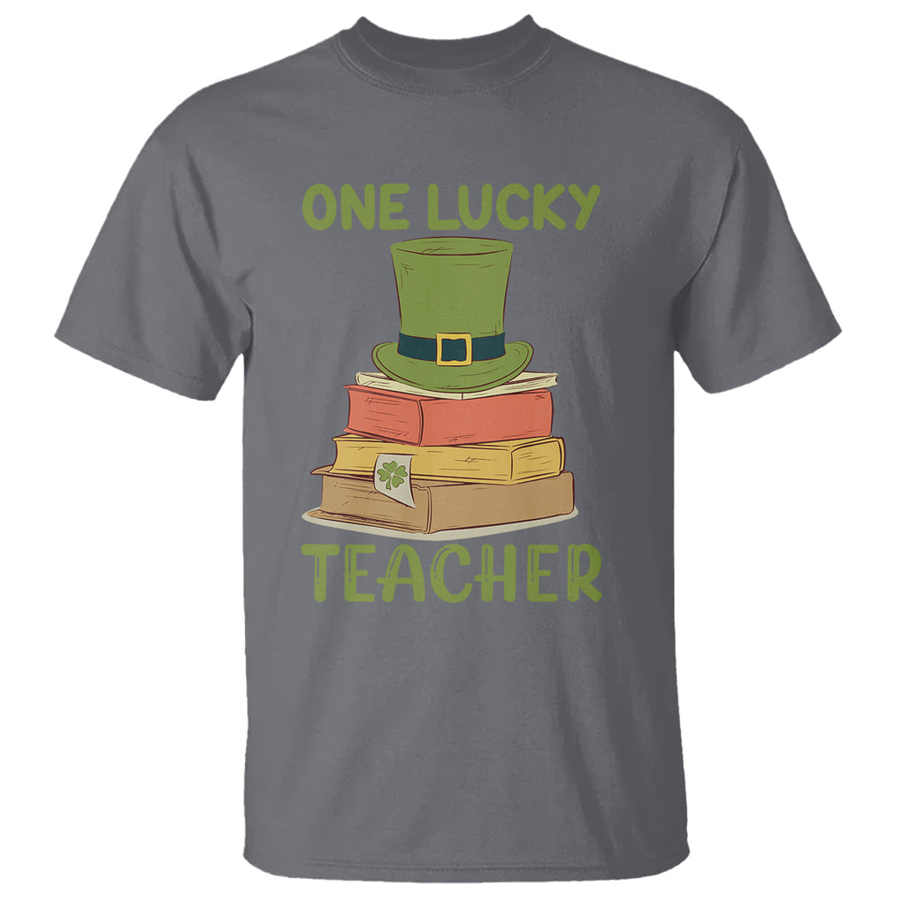 One Lucky Teacher St Patricks Day T Shirt Lepreachaun Hat with Books Reading TS02 Charcoal Printyourwear