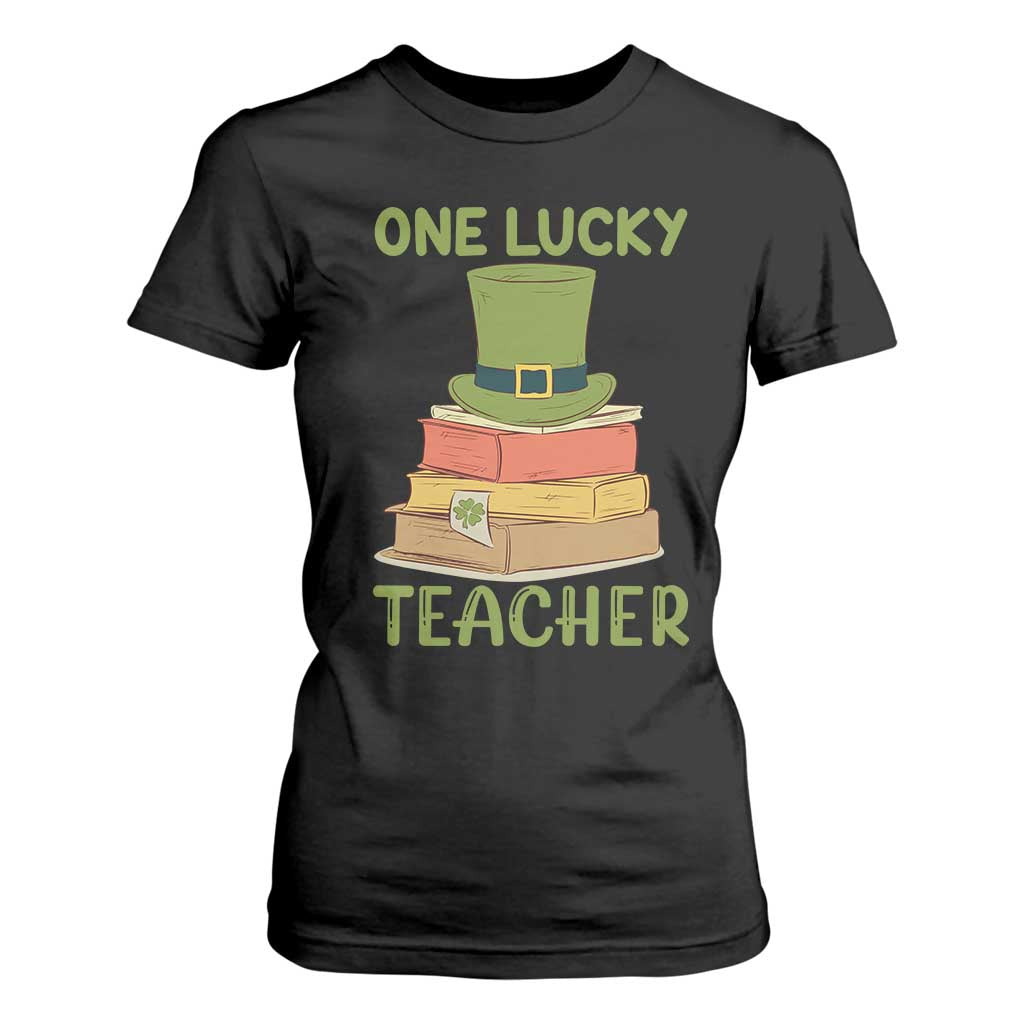 One Lucky Teacher St Patricks Day T Shirt For Women Lepreachaun Hat with Books Reading TS02 Black Print Your Wear