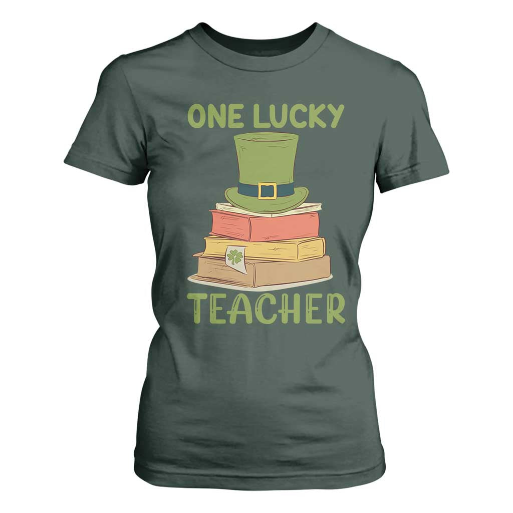 One Lucky Teacher St Patricks Day T Shirt For Women Lepreachaun Hat with Books Reading TS02 Dark Forest Green Print Your Wear