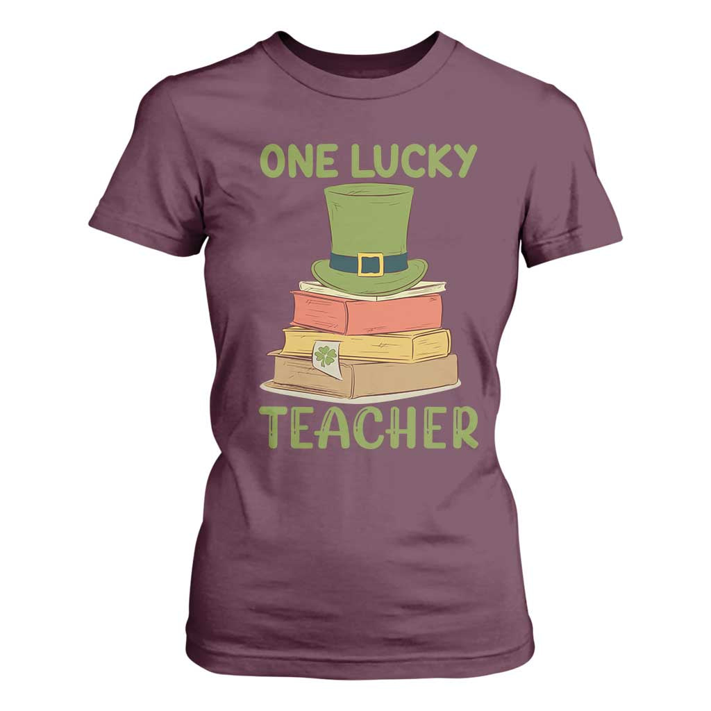 One Lucky Teacher St Patricks Day T Shirt For Women Lepreachaun Hat with Books Reading TS02 Maroon Print Your Wear