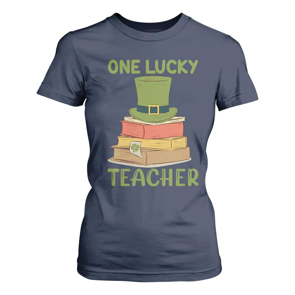 One Lucky Teacher St Patricks Day T Shirt For Women Lepreachaun Hat with Books Reading TS02 Navy Print Your Wear