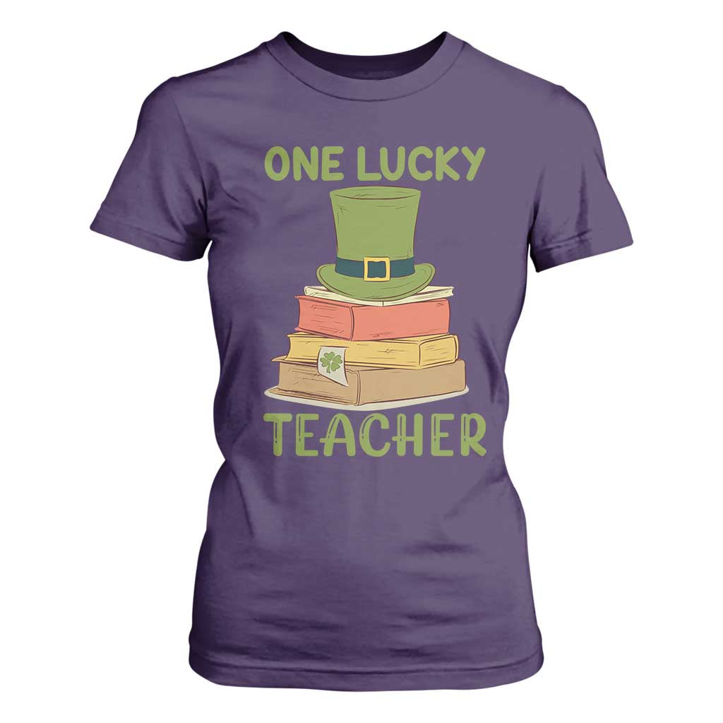 One Lucky Teacher St Patricks Day T Shirt For Women Lepreachaun Hat with Books Reading TS02 Purple Print Your Wear