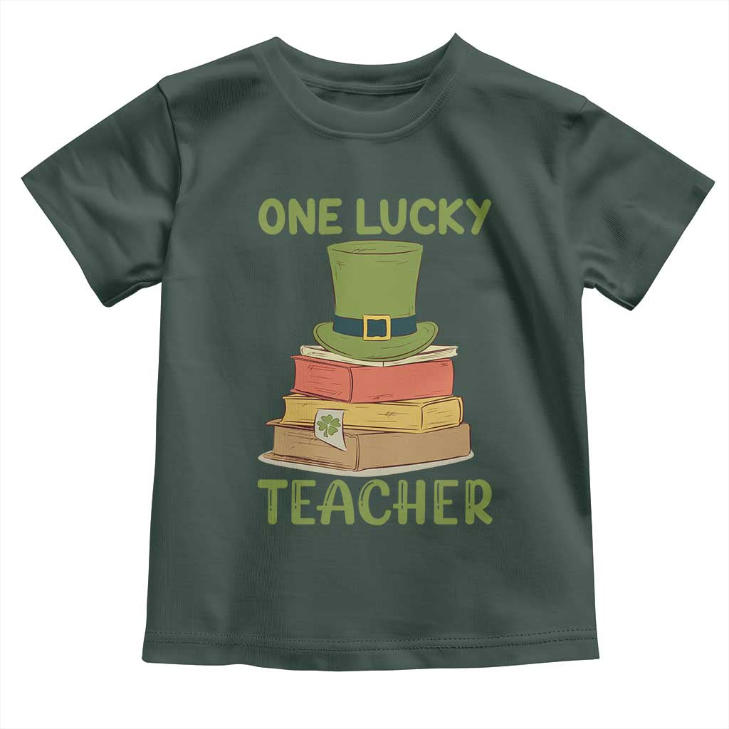 One Lucky Teacher St Patricks Day Toddler T Shirt Lepreachaun Hat with Books Reading TS02 Dark Forest Green Print Your Wear