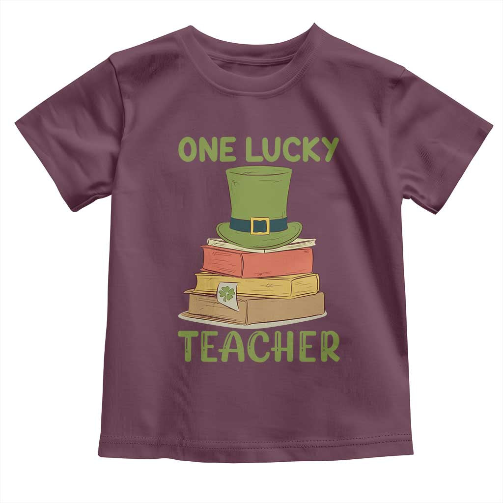One Lucky Teacher St Patricks Day Toddler T Shirt Lepreachaun Hat with Books Reading TS02 Maroon Print Your Wear