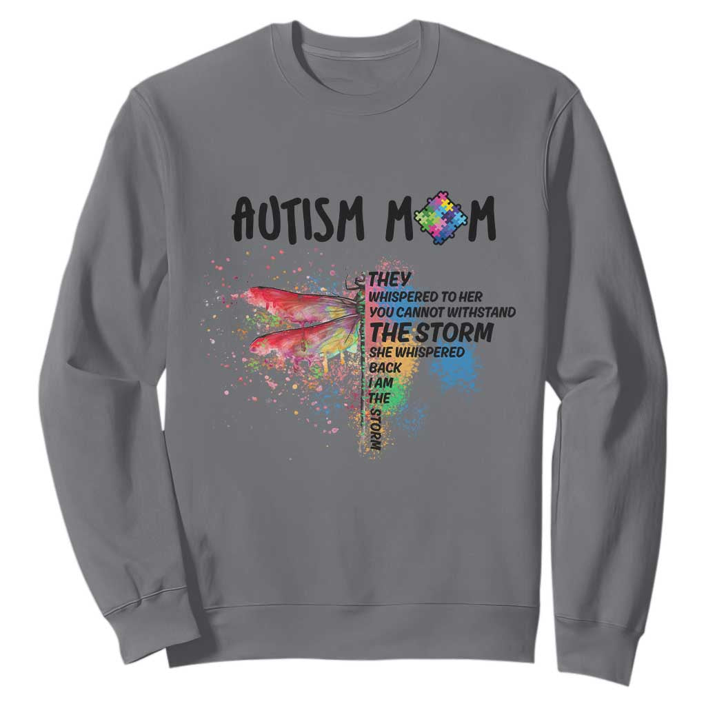 Autism Mom Sweatshirt She Whispered Back I Am The Storm Rainbow Dragonfly TS02 Charcoal Printyourwear