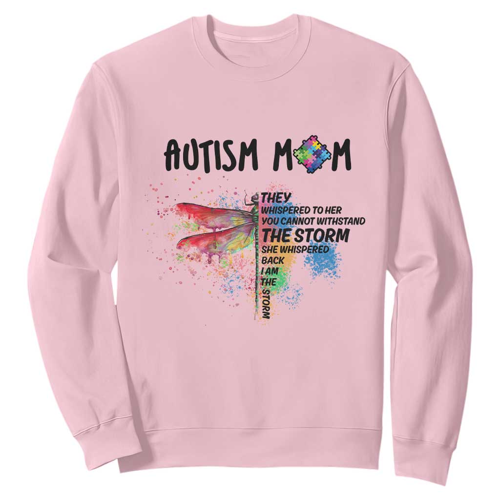 Autism Mom Sweatshirt She Whispered Back I Am The Storm Rainbow Dragonfly TS02 Light Pink Printyourwear