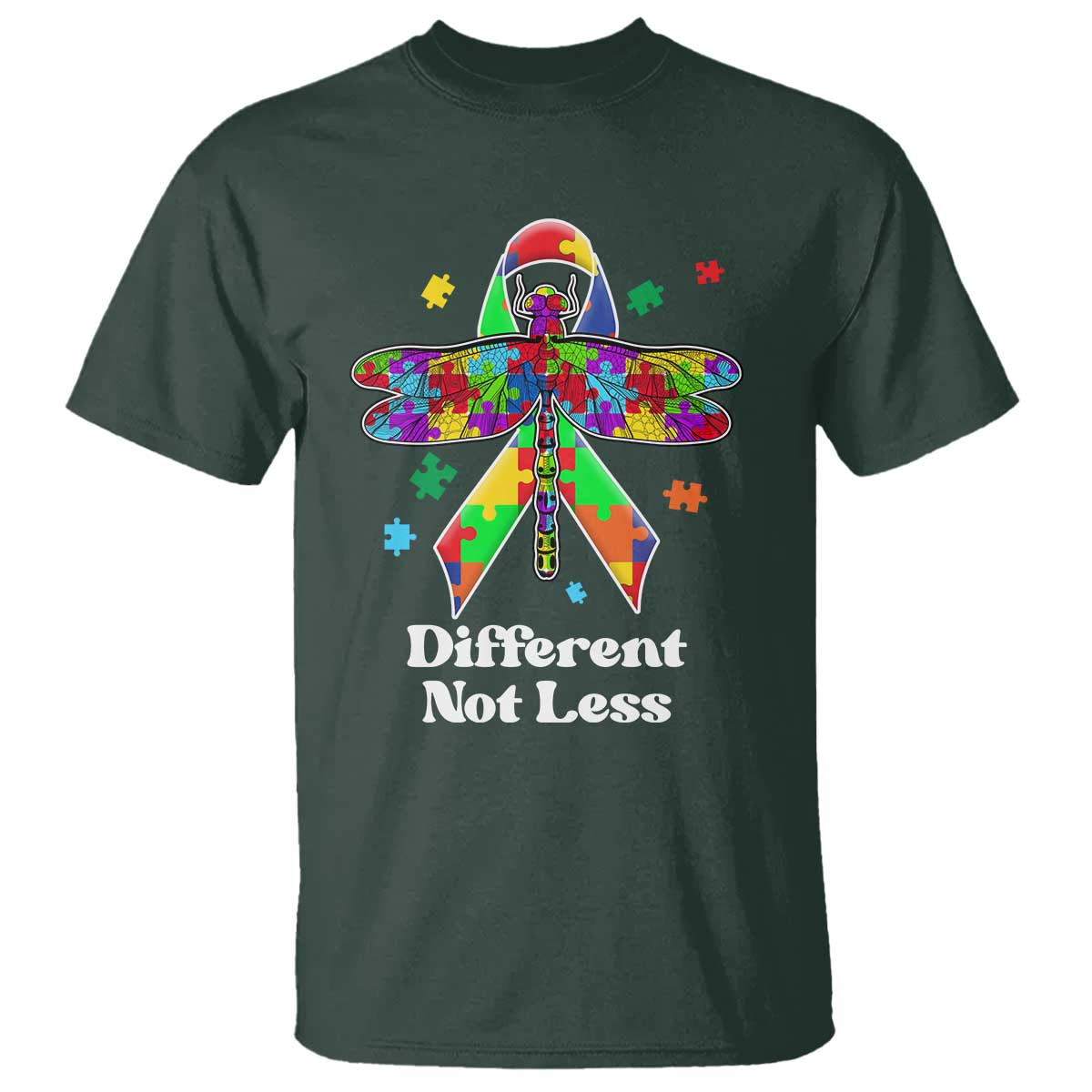 Dragonfly Autism Awareness T Shirt Different Not Less Puzzle Piece TS02 Dark Forest Green Printyourwear