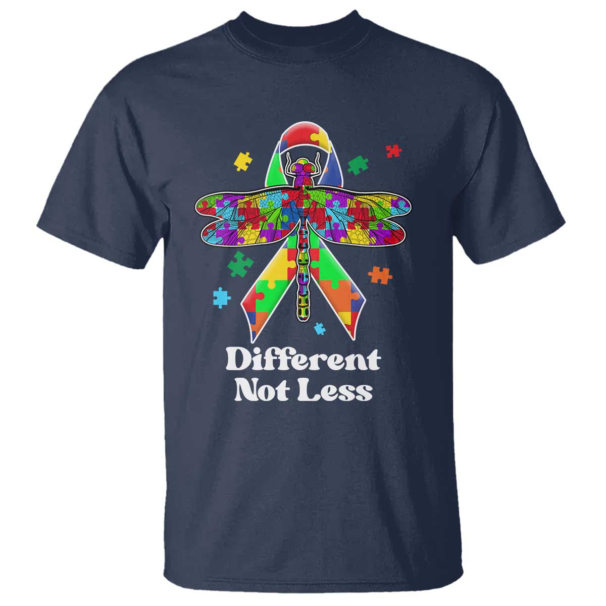 Dragonfly Autism Awareness T Shirt Different Not Less Puzzle Piece TS02 Navy Printyourwear