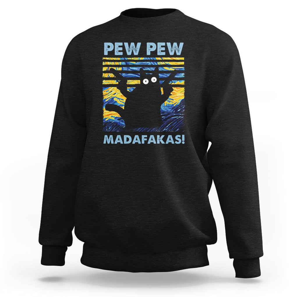 Funny Cat Sweatshirt Pew Pew Madafakas Retro Vintage Starry Night TS02 Black Printyourwear