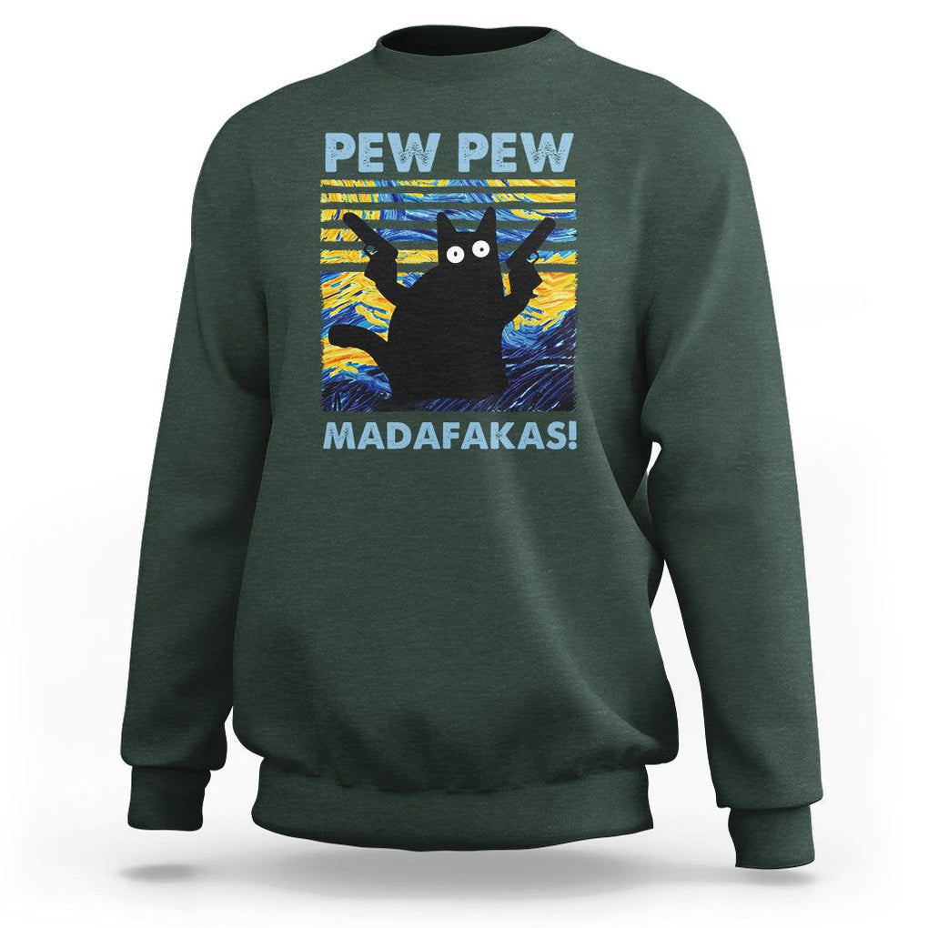 Funny Cat Sweatshirt Pew Pew Madafakas Retro Vintage Starry Night TS02 Dark Forest Green Printyourwear