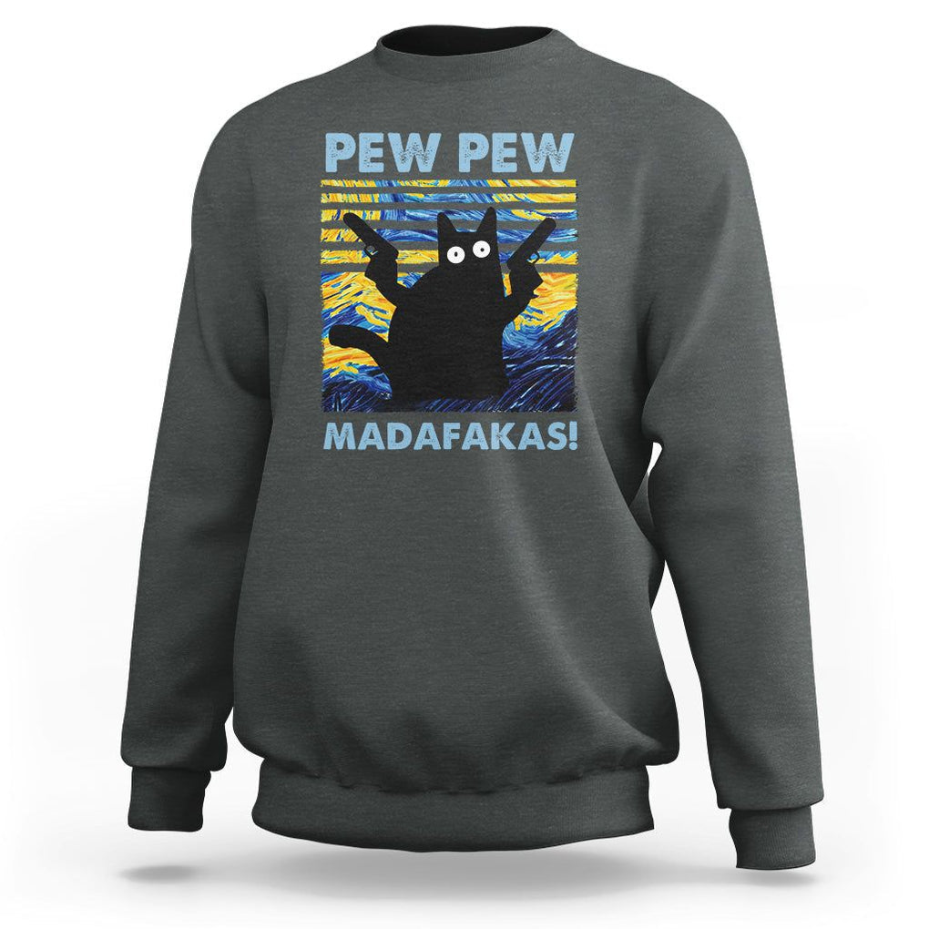 Funny Cat Sweatshirt Pew Pew Madafakas Retro Vintage Starry Night TS02 Dark Heather Printyourwear