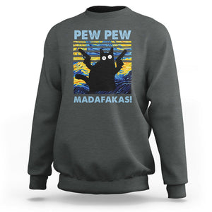 Funny Cat Sweatshirt Pew Pew Madafakas Retro Vintage Starry Night TS02 Dark Heather Printyourwear
