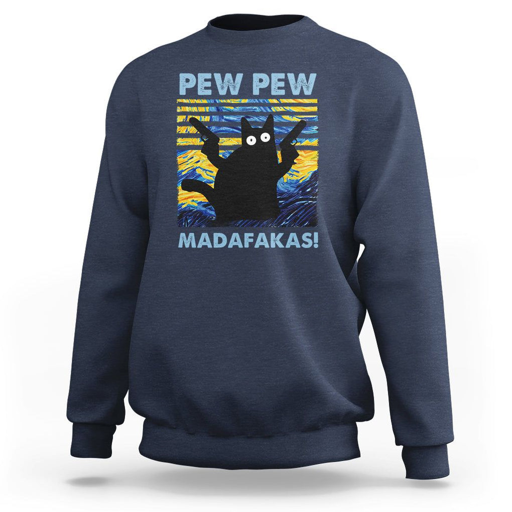 Funny Cat Sweatshirt Pew Pew Madafakas Retro Vintage Starry Night TS02 Navy Printyourwear
