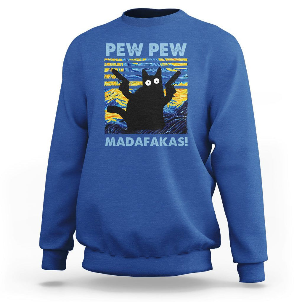 Funny Cat Sweatshirt Pew Pew Madafakas Retro Vintage Starry Night TS02 Royal Blue Printyourwear