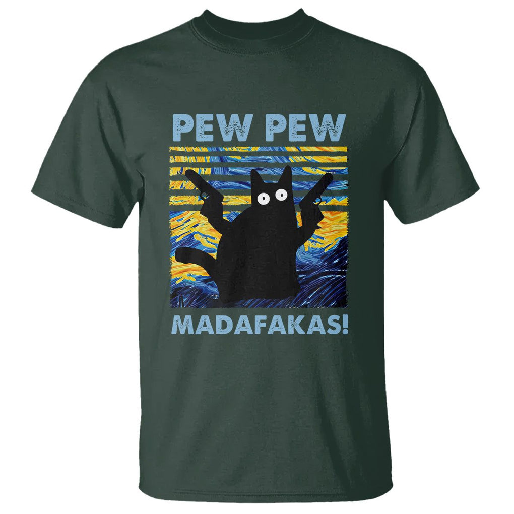 Funny Cat T Shirt Pew Pew Madafakas Retro Vintage Starry Night TS02 Dark Forest Green Printyourwear